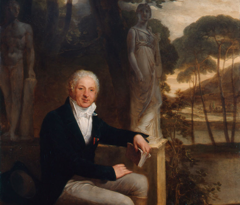 Retrato de Giovanni Battista Sommariva Retrato de Giovanni Battista en un primer plano, y de fondo dos esculturas de Canova